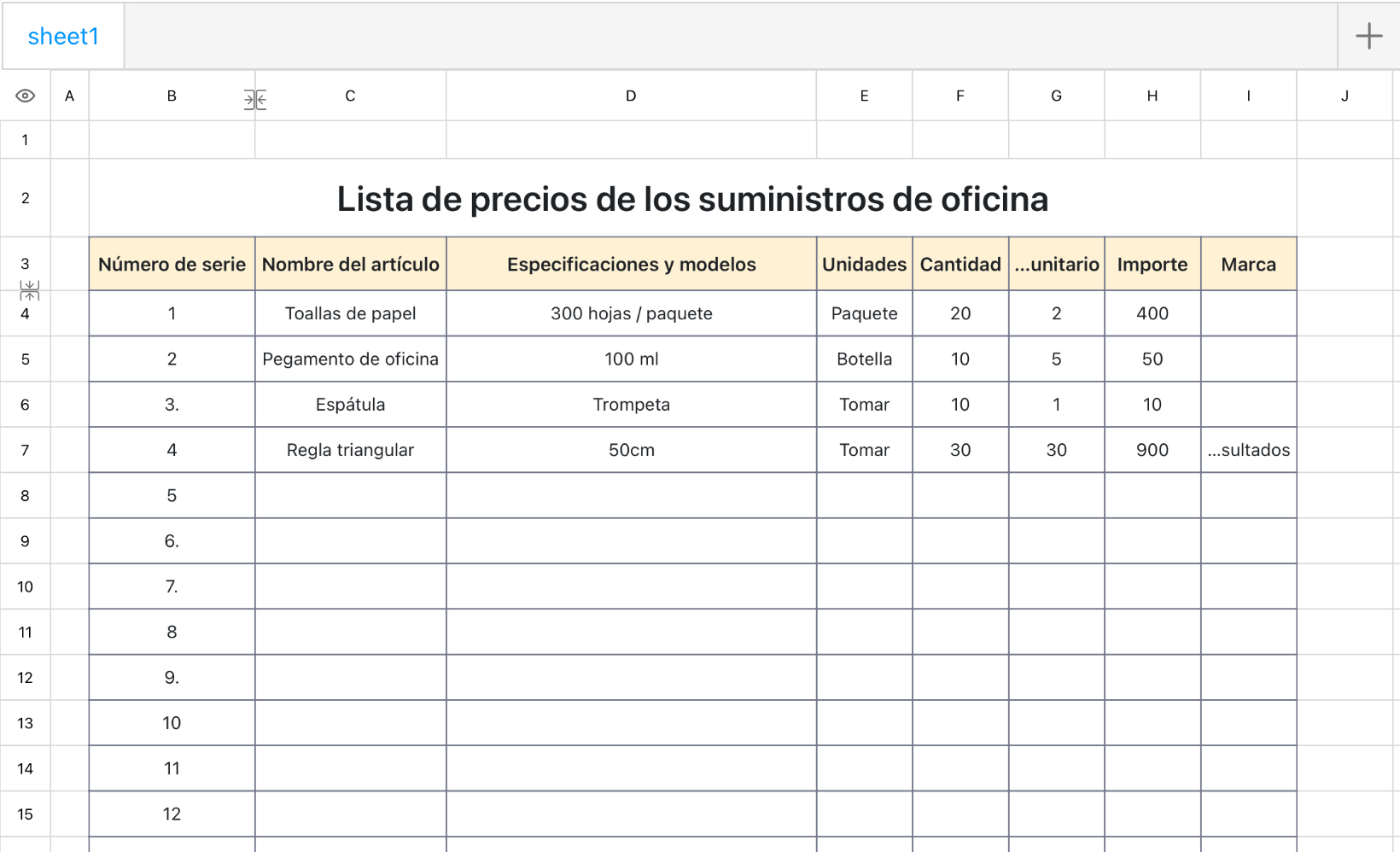 Lista de precios de los suministros de oficina